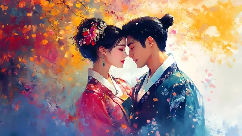 Two figures in traditional Asian garments with intimate pose