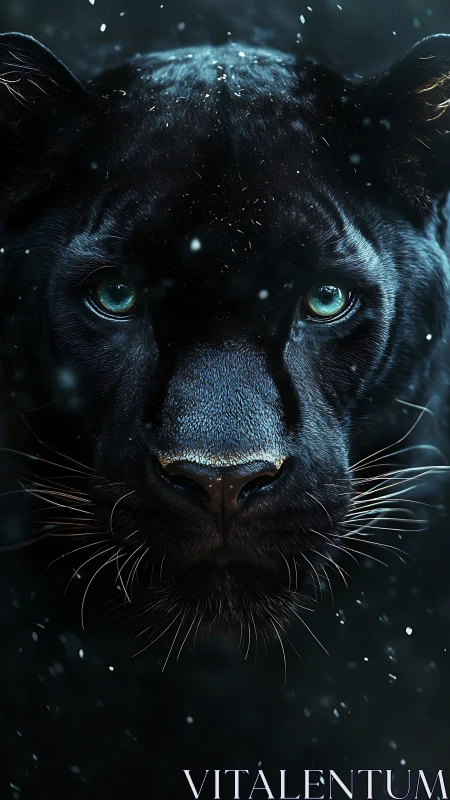 Black Panther Frontal Portrait with Cyan Luminescent Eyes and Particle Effects