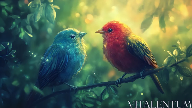 Two Colorful Songbirds on Branch in Dreamy Forest Light.