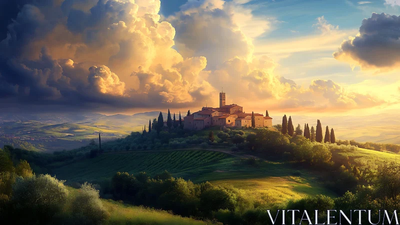 Sunlit hilltop village embraced by glowing storm clouds.