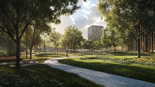 Sunlit city garden drifts between towers and quiet pathways.
