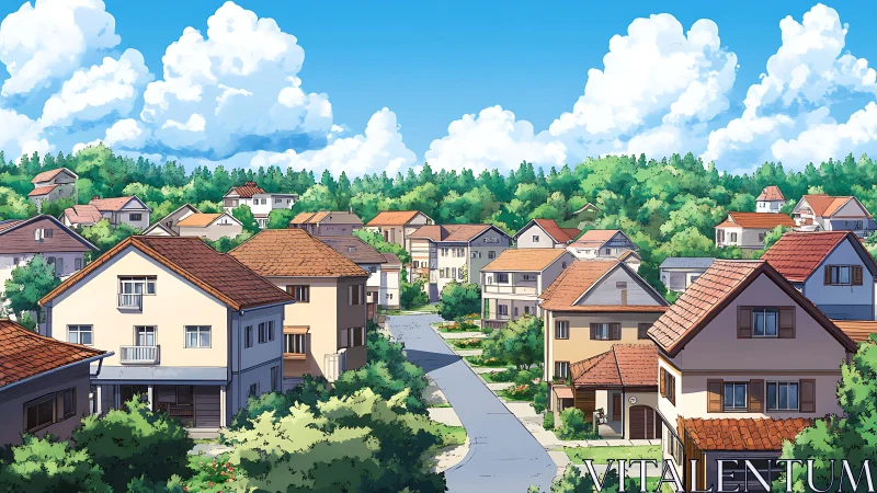 Sunny neighborhood street with cozy homes and bright skies.