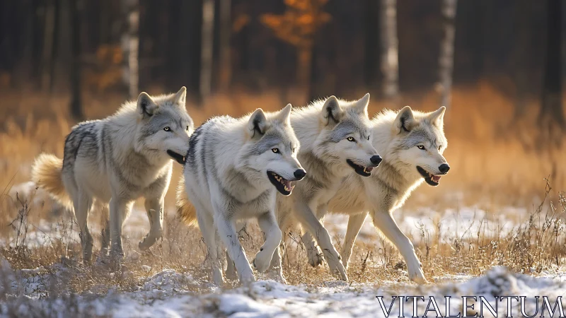 Four grey wolves advance in synchronised motion through winter grass