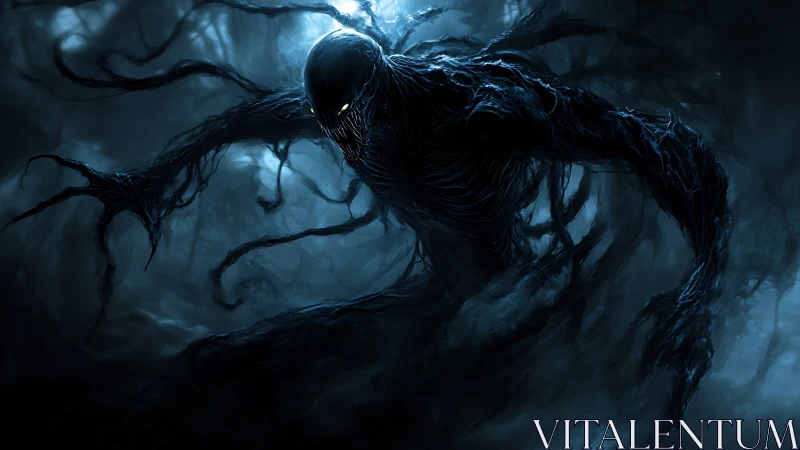 Shadowy eldritch entity advances through misted blue forest