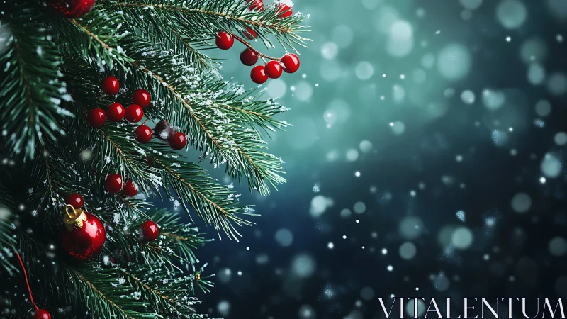Snow covered fir branches with red berries and ornaments.