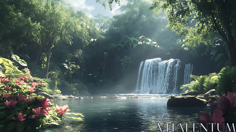 Dense jungle waterfall with volumetric light and specular water
