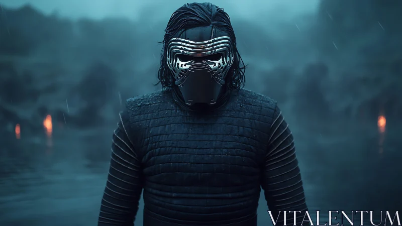 Masked warrior in rain-soaked armor on misty shoreline.