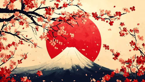Cherry blossoms framing mountain peak and red sun scene.