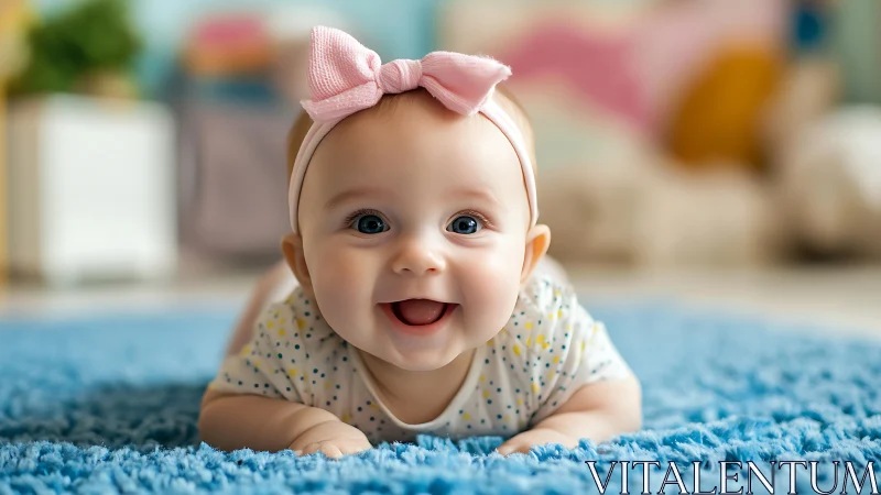 Joyful Baby Girl Crawling on Blue Carpet at Home