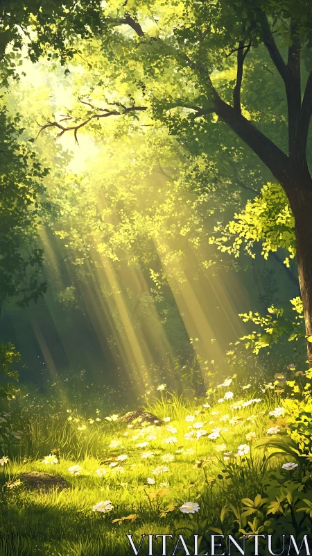 Sunlit forest clearing shows dense foliage and bright meadow