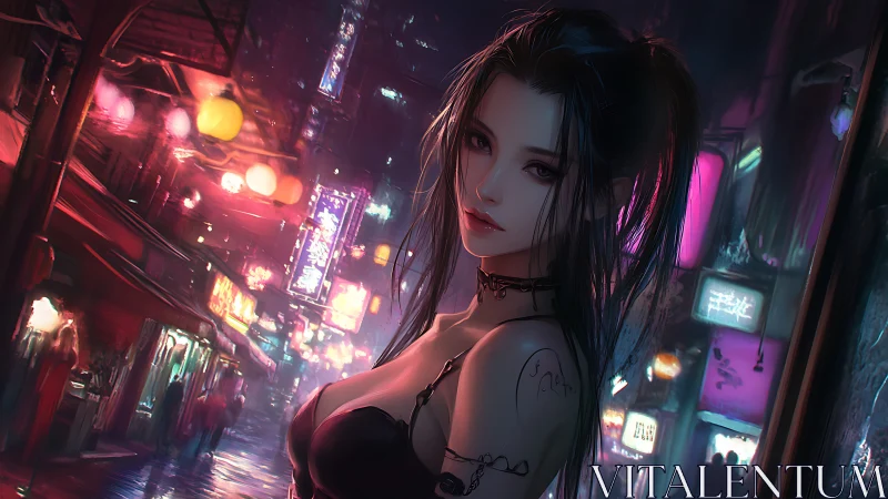 Noir street siren under neon reflections in cyber alleyway.