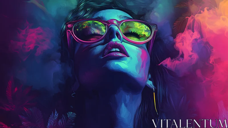 Neon-lit portrait with reflective glasses and vapor clouds.