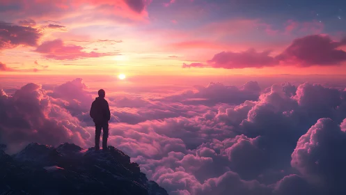 Silhouetted mountaineer above clouds at chromatic sunrise.