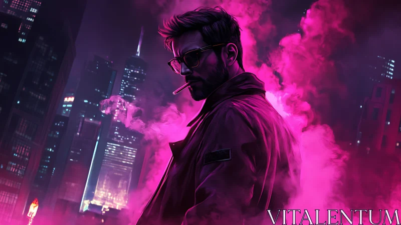 Neon city wanderer pauses in glowing pink night haze