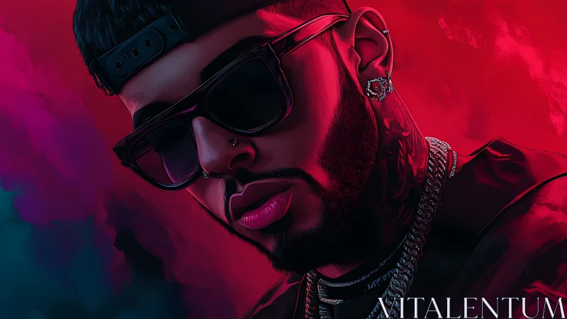 Neon-lit portrait leans into crimson shadows and quiet swagger