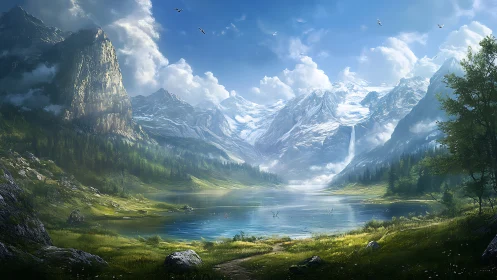 Sunlit alpine lake rests beneath towering snow peaks