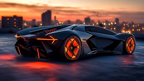 Midnight hypercar illuminated by molten neon rims.