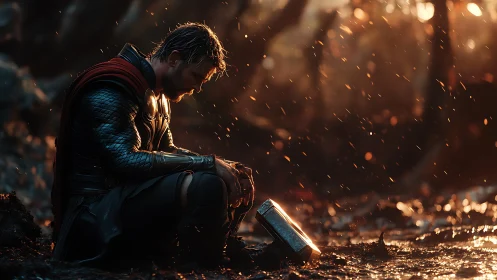 Armored warrior kneels with hammer in glowing forest rain.