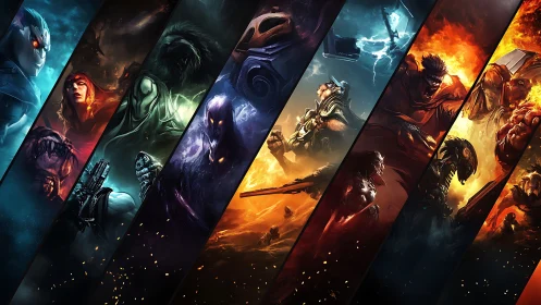 Segmented digital montage of armored and mystical figures.