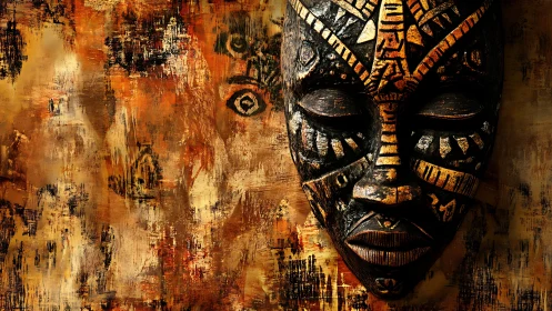 Carved tribal mask on textured ochre ground with stratified patina