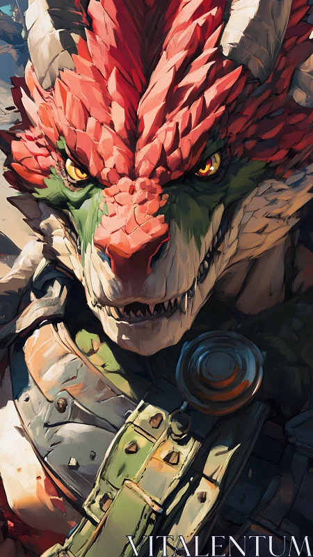 Armored dragon warrior stares ahead with blazing resolve.