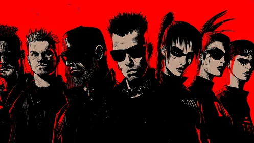 Neon revolt squad framed in razor-black silhouettes.