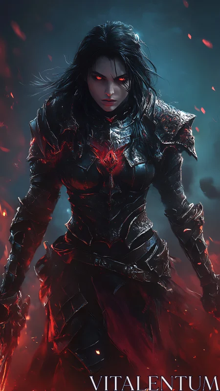 Armored dark warrior with glowing red eyes in embers.