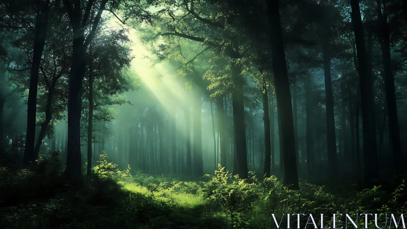 Luminous Forest Cathedral: Ethereal Light Through Ancient Trees.