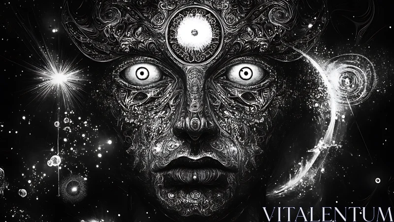 Monochrome cosmic face with intricate abstract patterns.