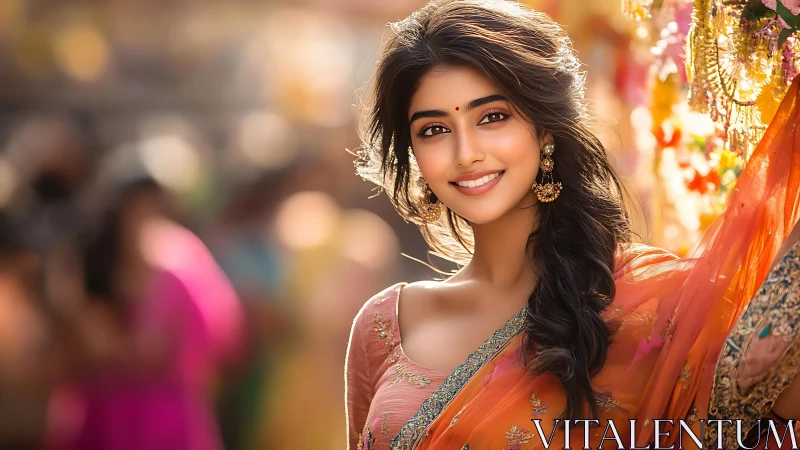 Smiling woman in festive saree glows in warm sunlight.
