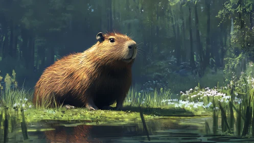Capybara by a quiet forest pond under soft daylight.