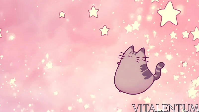 Stylized Cat Reaches Upward Among Glowing Stars on Pink Background