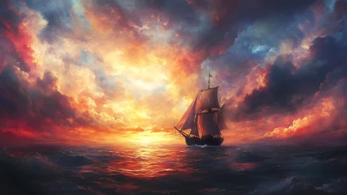 Digital seascape with tall ship against luminous sunset sky.