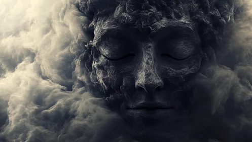 Textured human face emerging within dense swirling fog.