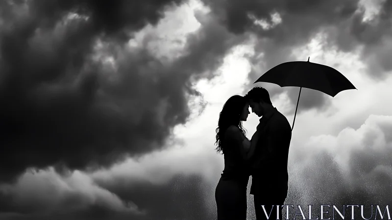 Silhouetted Couple in Rain Beneath Umbrella Against Stormy Sky.