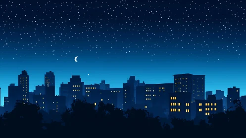 Urban skyline silhouette under night sky with stars and moon.