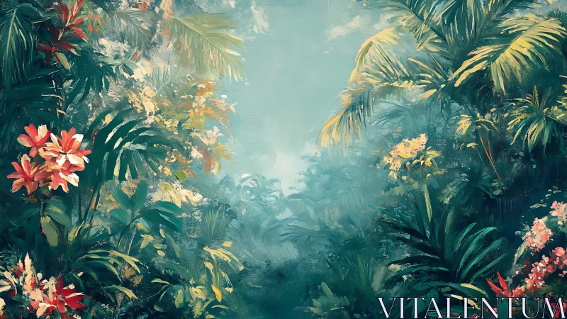 Tropical Garden Canopy with Red Flowers and Palm Trees