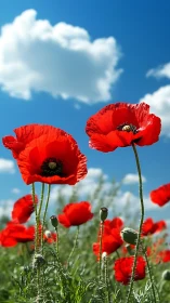 Radiant Red Poppies Blooming Against Azure Sky.