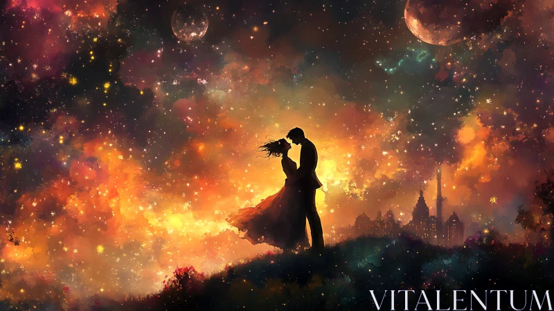Cosmic Romance: Silhouettes Dancing Through Stardust.