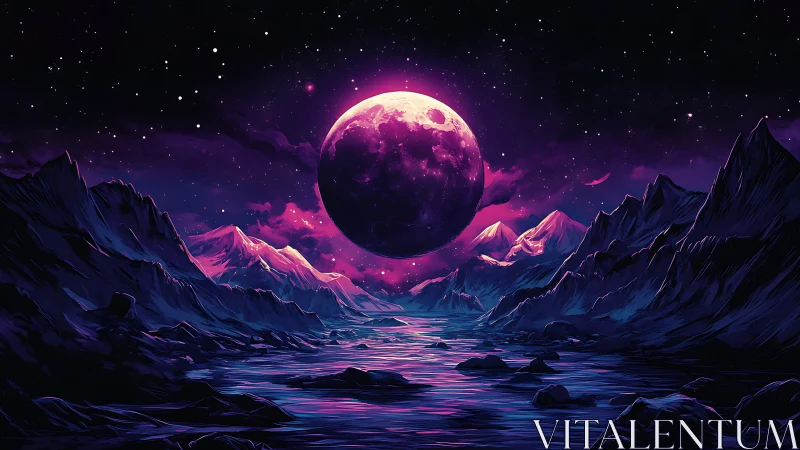 Luminous violet moon above neon alpine river valley.