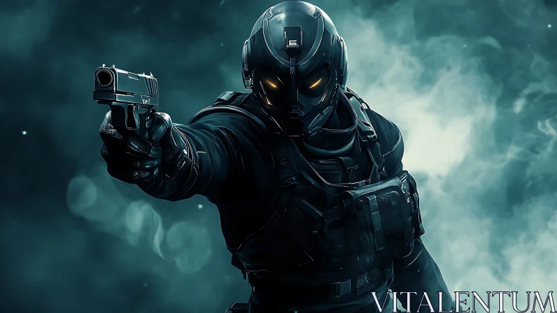 Cyberpunk tactical enforcer in fog-heavy frontal standoff.