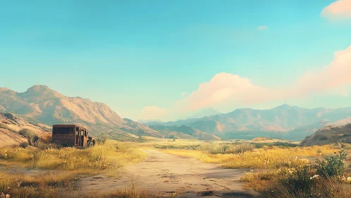 Sunlit arid valley road with abandoned truck and layered mountains