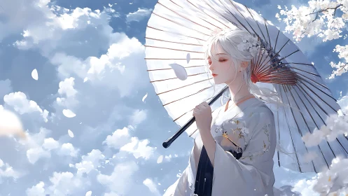 White-haired woman in kimono under wagasa amid sakura petals