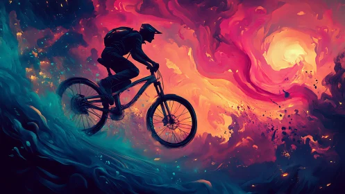 Cyclist Launches Through Inferno: Silhouette Defies Cosmic Turbulence