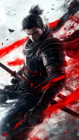 Stoic samurai warrior wrapped in stormy red energy.