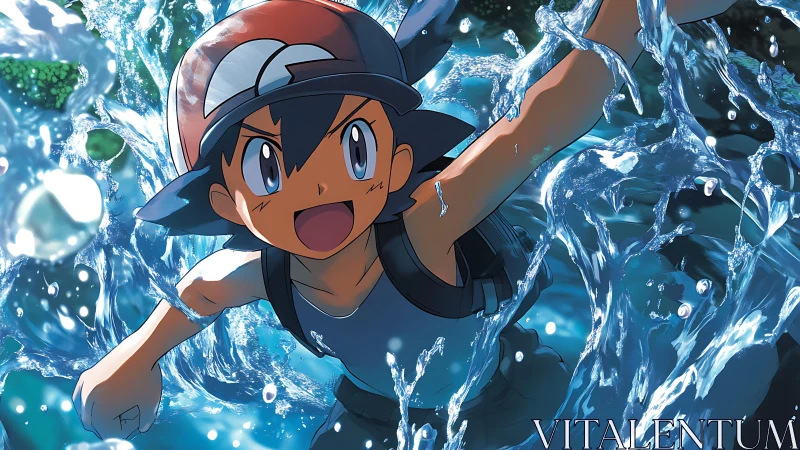 Animated boy moves forward through splashing water waves