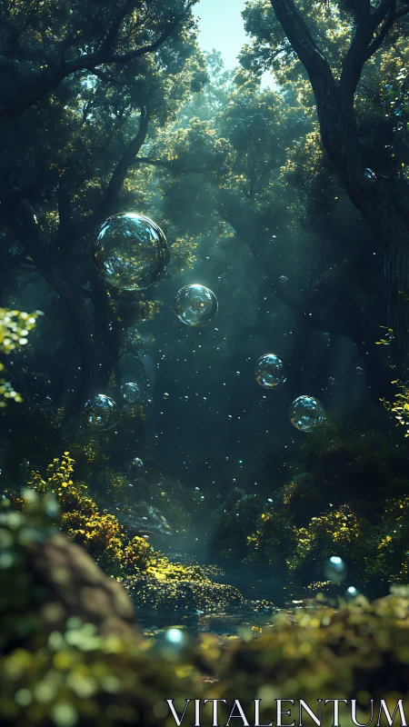 Floating Soap Bubbles in Forest Clearing with Filtered Sunlight