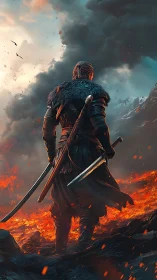 Armored warrior with dual swords above burning volcanic field.