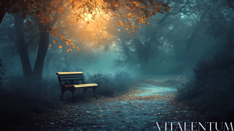 Foggy forest path with empty bench under warm backlight
