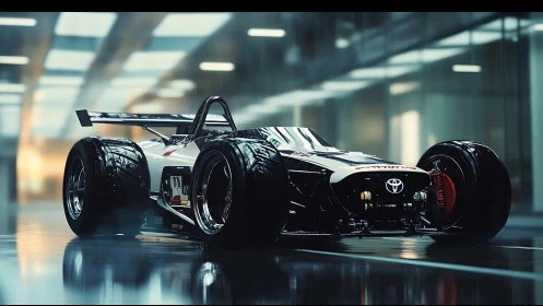Rain-slick cyber racer prowls a glassy futuristic pit lane.